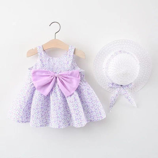 Kids Girls Pastoral Floral All Over Print Big Bow Design Sleeveless Dress With Hat Set