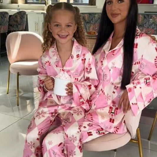 Women Girl Family Matching Printed Satin Casual Sleepwear Pajamas Set