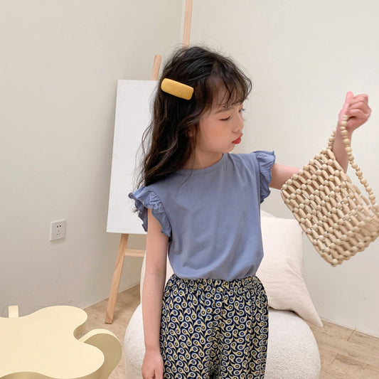 Kids Girls Simple Solid Color Stringy Selvedge Sleeveless Round Neck Loose T-shirt