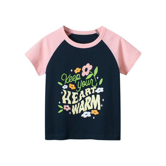 Children Kids Baby Fashion Girls Short Sleeve Flower Letter Print T-Shirt
