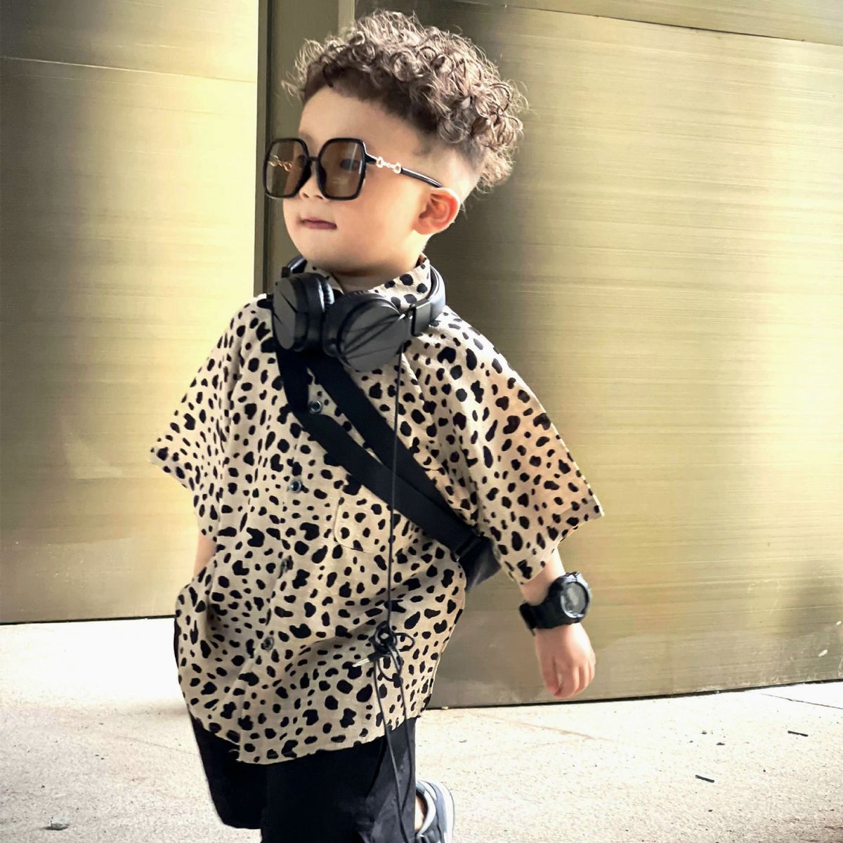 Boy Fashion Casual Leopard Lapel Short-Sleeve Blouse