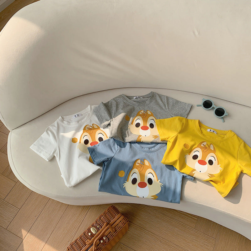 Kids Casual Cartoon Animal Squirrel Pattern Round Neck Short Sleeve Loose T-shirt