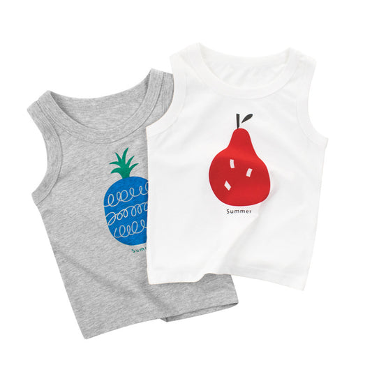 Kids Cute Cartoon Fruit Pear Pineapple Pattern Round Neck Sleeveless T-shirt