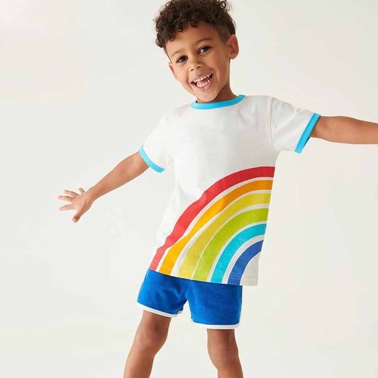 Kids Toddler Boys Girls Casual Cute Rainbow Stripe Short Sleeve Round Neck T-Shirt