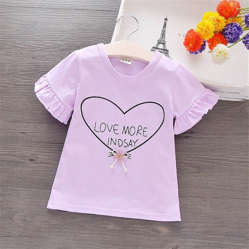 Baby Girls Basic Round Neck Letter Heart Pattern Puff Sleeve Stringy Selvedge T-shirt