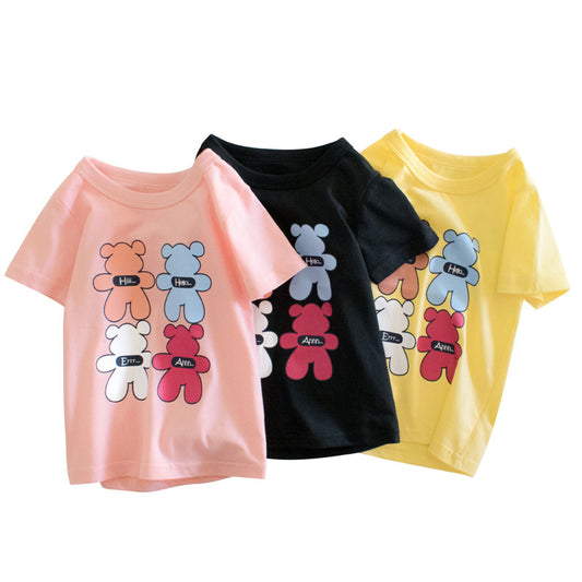Kids Casual Cute Cartoon Bear Round Neck Short Sleeve T-shirt