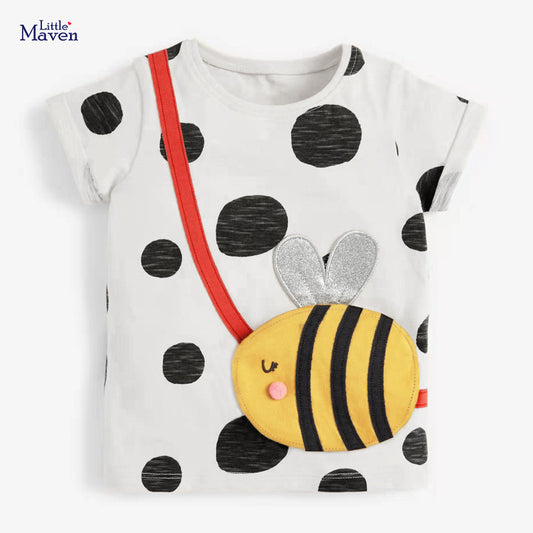 Kids Girls Cute Cartoon Bee Design Polka Dot Round Neck Short Sleeve Casual T-shirt