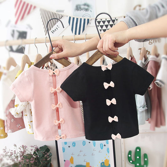 Kids Girls Cute Bow Design Round Neck Short Sleeve T-shirt