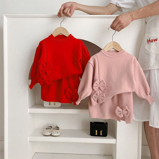 Winter Children Fashion Solid Color Bow Sweater And Skirt Knit Two-Piece Set