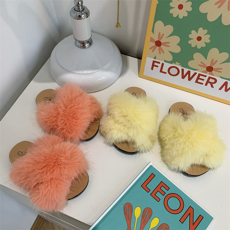 Kids Fashion Warm Non-Slip Soft Bottom Cross Strap Wool Slippers