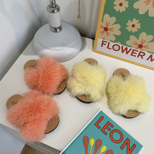 Kids Fashion Warm Non-Slip Soft Bottom Cross Strap Wool Slippers