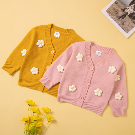Autumn And Winter Girls Fashion Three-Dimensional Floral Sweater Knitted Coat