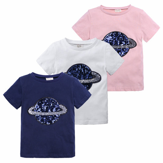 Kids Casual Round Neck Short Sleeve Sequin Star Design T-shirt