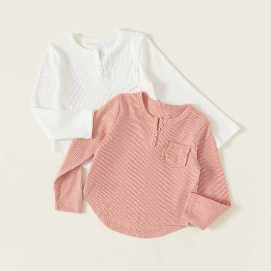 Kids Toddler Boys Girls Casual Cute Solid Color Rib Knit Long Sleeve T-Shirt