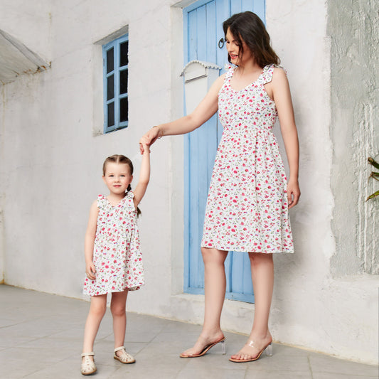 Vacation Summer Floral Cute Mid-Length Mother And Daughter Family Matching Dress