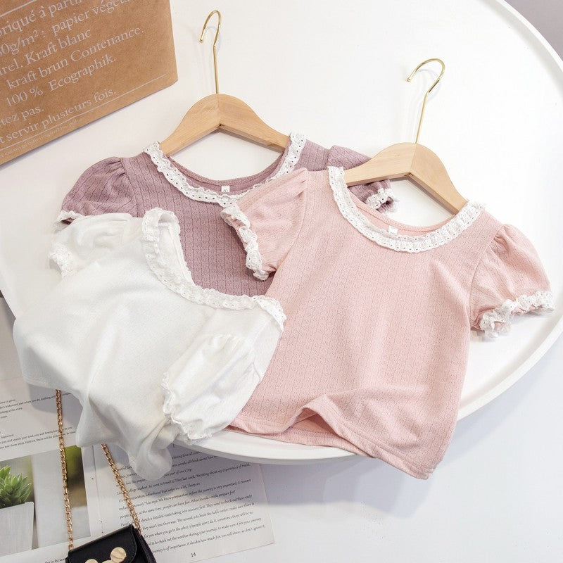 Children Kids Toddlers Girls Short Sleeve Lace T-Shirt