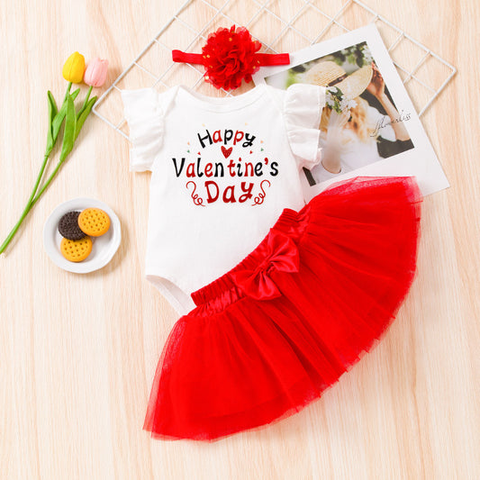 Toddlers Newborn Baby Valentine'S Day Girls Ruffle Sleeved Print Bodysuit And Mesh Skirt Headband 3pcs