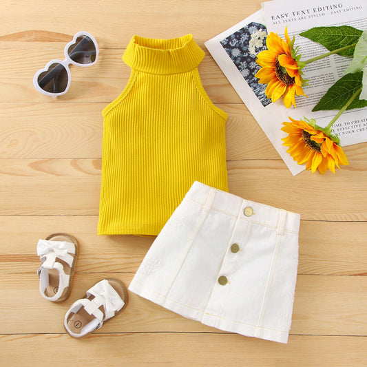 Toddlers Newborn Baby Girls Sleeveless Solid Color Top And Skirt 2pcs Set