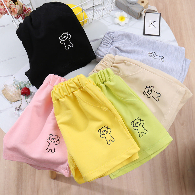 Kids Casual Simple Solid Color Bear Pattern Elastic Waist Shorts