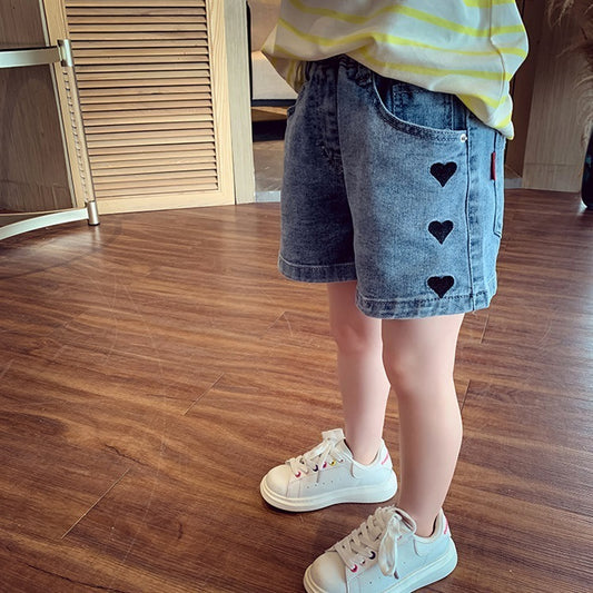 Kids Girls Basic Heart Pattern Elastic Waist Denim Shorts