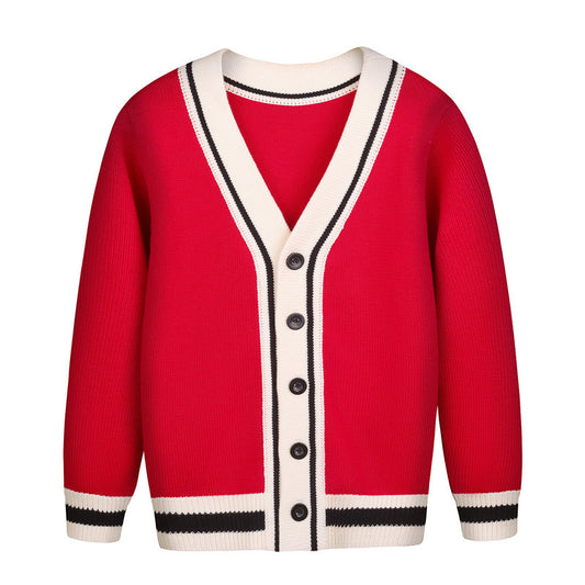 Autumn And Winter Children Elegant Contrast Single-Breasted Knitted Cardigan