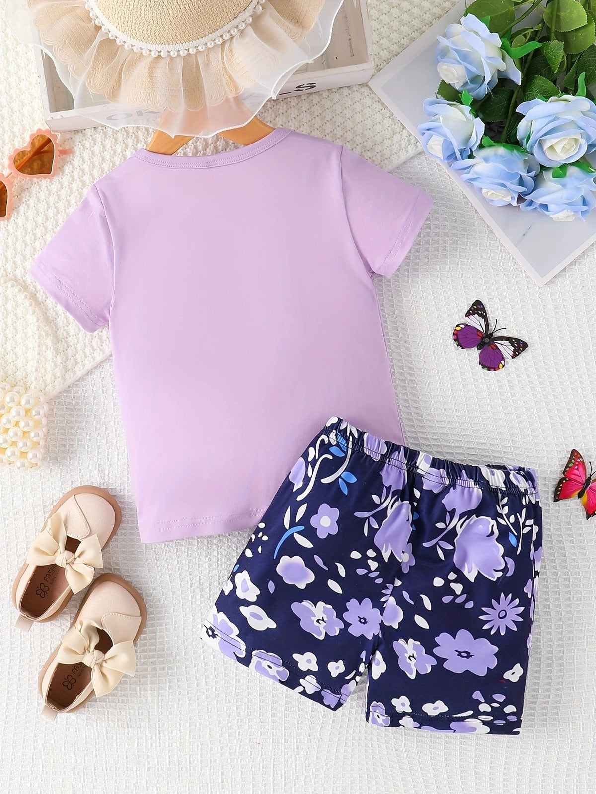 Kids Toddler Girls Casual Alphabet Tiny Flower Print Short Sleeve T-Shirt Shorts Sets