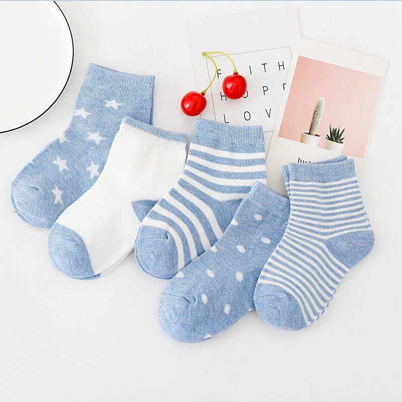 5pairs/set Kids Basic Cartoon Ploka Dot Stripe Soft Socks
