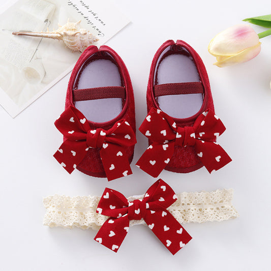 Toddlers Newborn Baby Girls Soft Bottom Non-Slip Bow Shoes And Headband