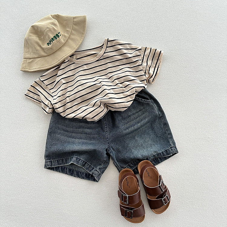 Kids Toddler Boys Girls Casual Cute Stripe Print Short Sleeve Round Neck T-Shirt