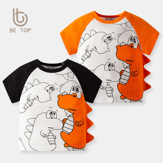 Kids Boys Cute Cartoon Dinosaur Round Neck Short-sleeved T-shirt