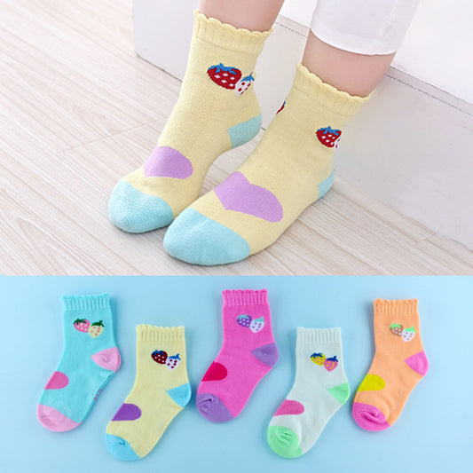 5pairs/set Kids Girls Retro Cartoon Strawberry Comfortable Breathable Elastic Socks