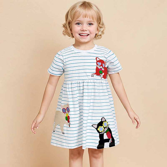 Kids Toddler Girls Summer Casual Cute Cat Stripe Short Sleeve Dress