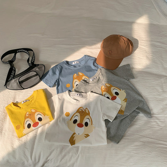 Kids Casual Cartoon Animal Squirrel Pattern Round Neck Short Sleeve Loose T-shirt