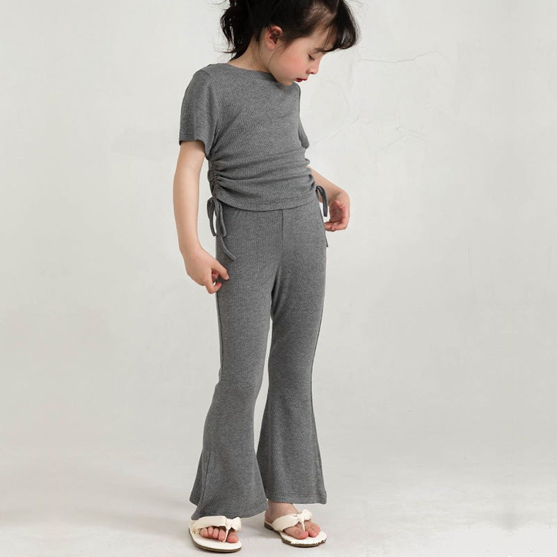 Kids Toddler Girls Casual Cute Solid Color Short Sleeve T-Shirt Flare Trousers Sets