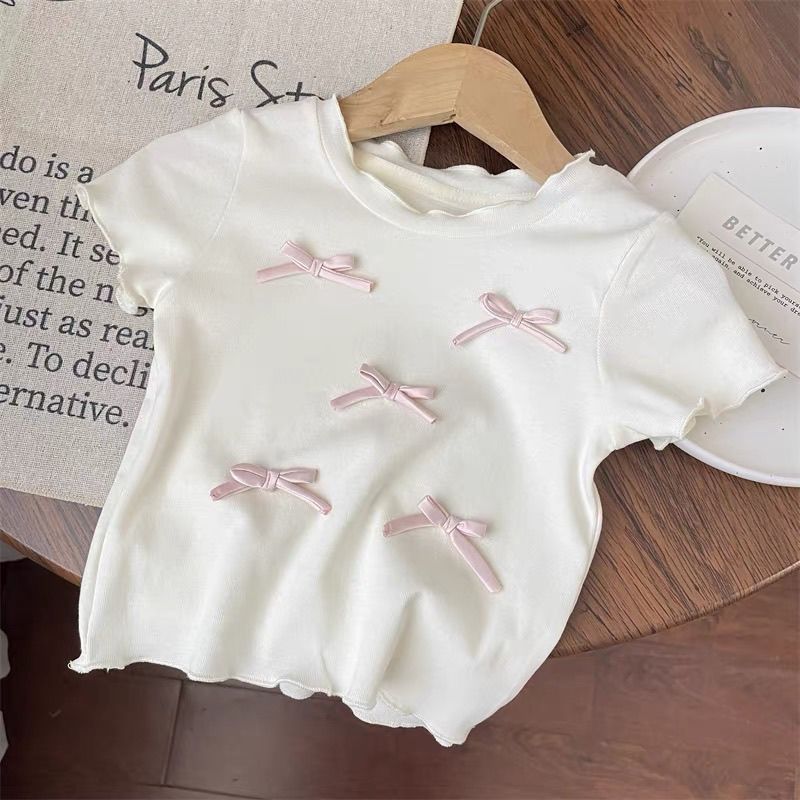 Toddler Girl Sweet Princess Style Bow Short-Sleeved T-Shirt Pink Plaid Flare Wide-Leg Pants Ruffled Two-Piece Set