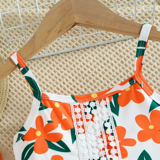 Toddlers Newborn Baby Suspenders Printed Lace Top And Hollow Lace Skirt 2pcs Set