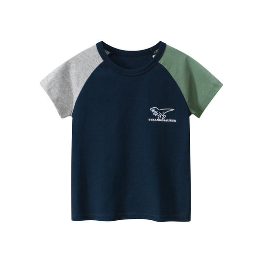 Kids Toddler Boys Summer Basic Cotton Color Matching Cartoon Dinosaur Pattern Round Neck T-Shirt