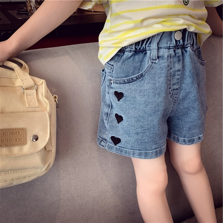 Kids Girls Basic Heart Pattern Elastic Waist Denim Shorts