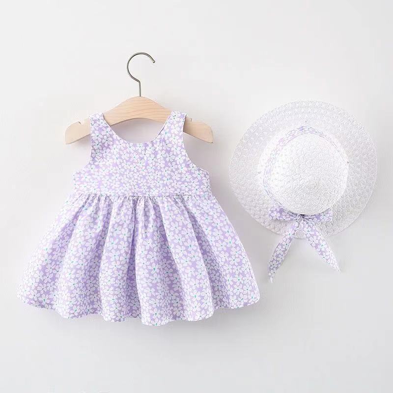 Kids Girls Pastoral Floral All Over Print Big Bow Design Sleeveless Dress With Hat Set
