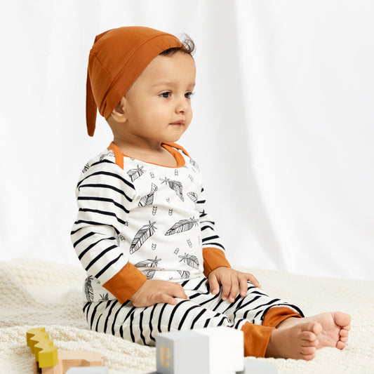Baby Boys Basic Round Neck Long Sleeve Feather Striped Tops And Pants With Hat Set