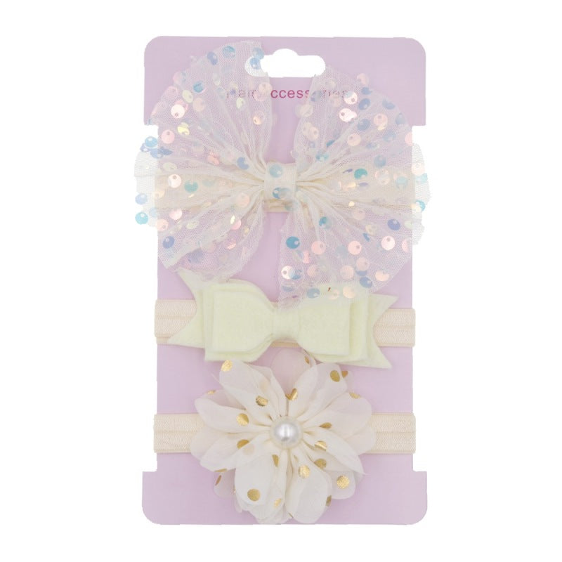 3pcs/set Kids Girls Cute Mesh Sequin Flower Pearl Bow Headband Set