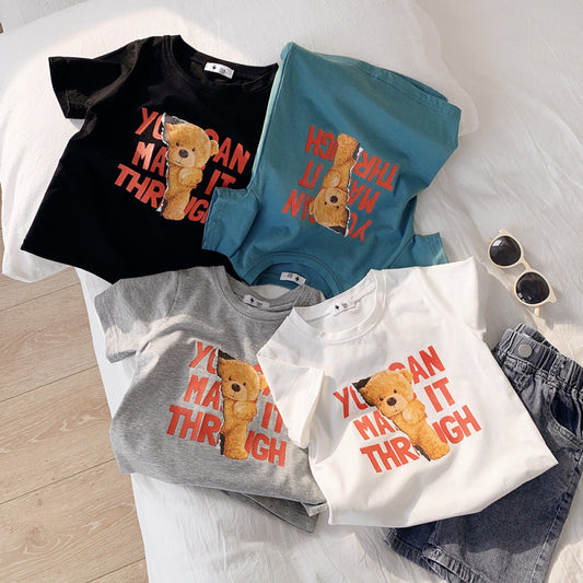 Kids Casual Round Neck Short Sleeve Cartoon Bear Letter Pattern Loose T-shirt