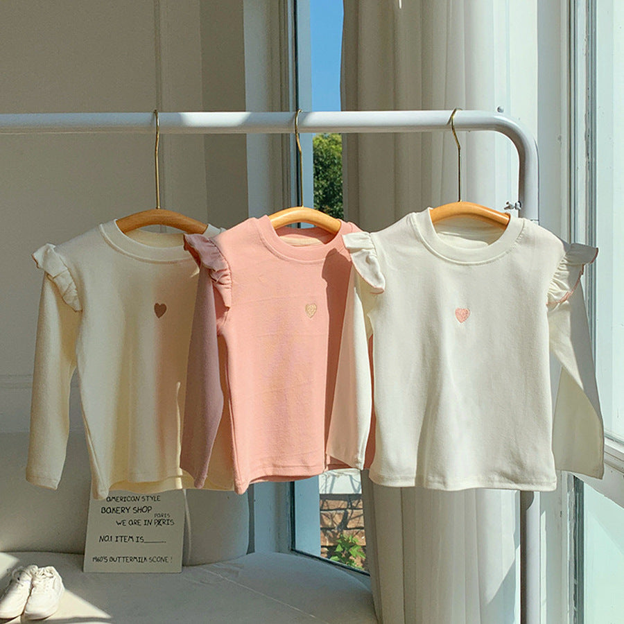 Kids Toddler Girls Heart Embroidery Long Sleeve Ruffled T-Shirt