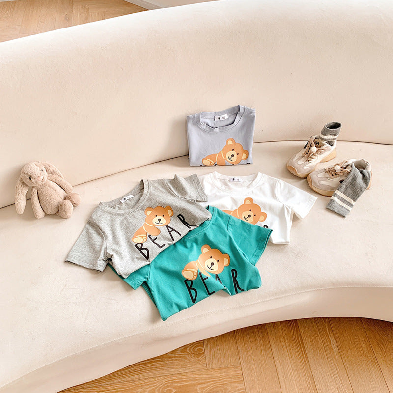 Kids Casual Cartoon Bear Letter Pattern Round Neck Short Sleeve Loose T-shirt