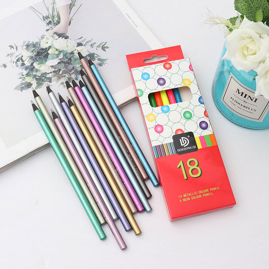 6 Fluorescent Colors + 12 Metallic Colors Hand Painted Pencil