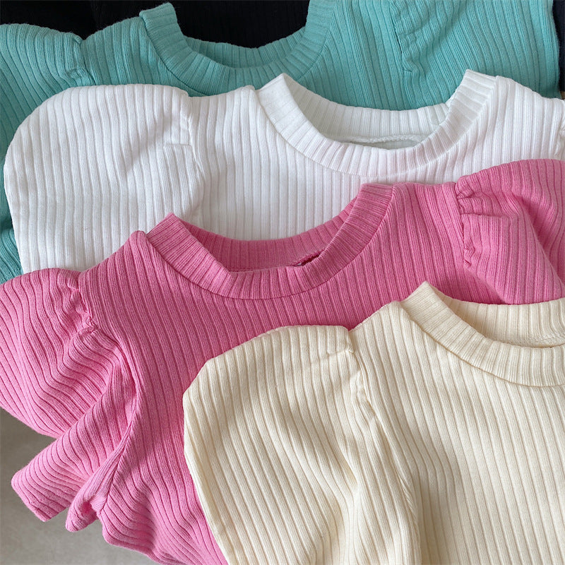 Kids Girls Basic Solid Color Puff Sleeve Round Neck Pit Stripe T-shirt
