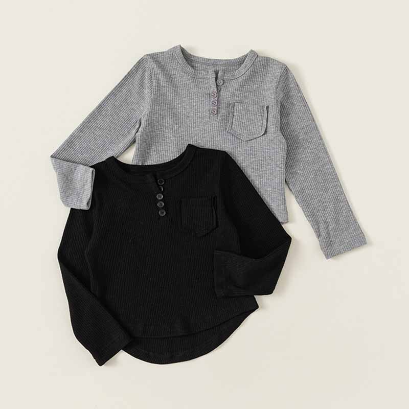 Kids Toddler Boys Girls Casual Cute Solid Color Rib Knit Long Sleeve T-Shirt