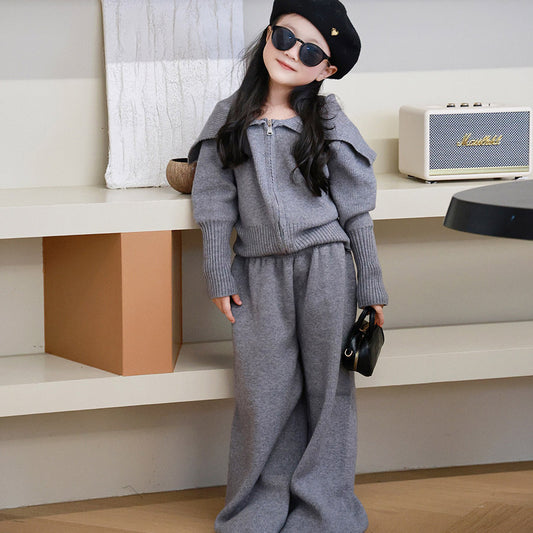 Autumn Winter Girls Fashion Casual Lapel Long Sleeve Zipper Knitted Sweater Pants Two-Piece Set