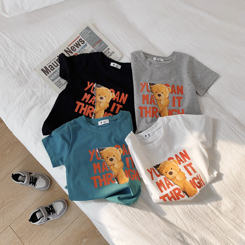 Kids Casual Round Neck Short Sleeve Cartoon Bear Letter Pattern Loose T-shirt