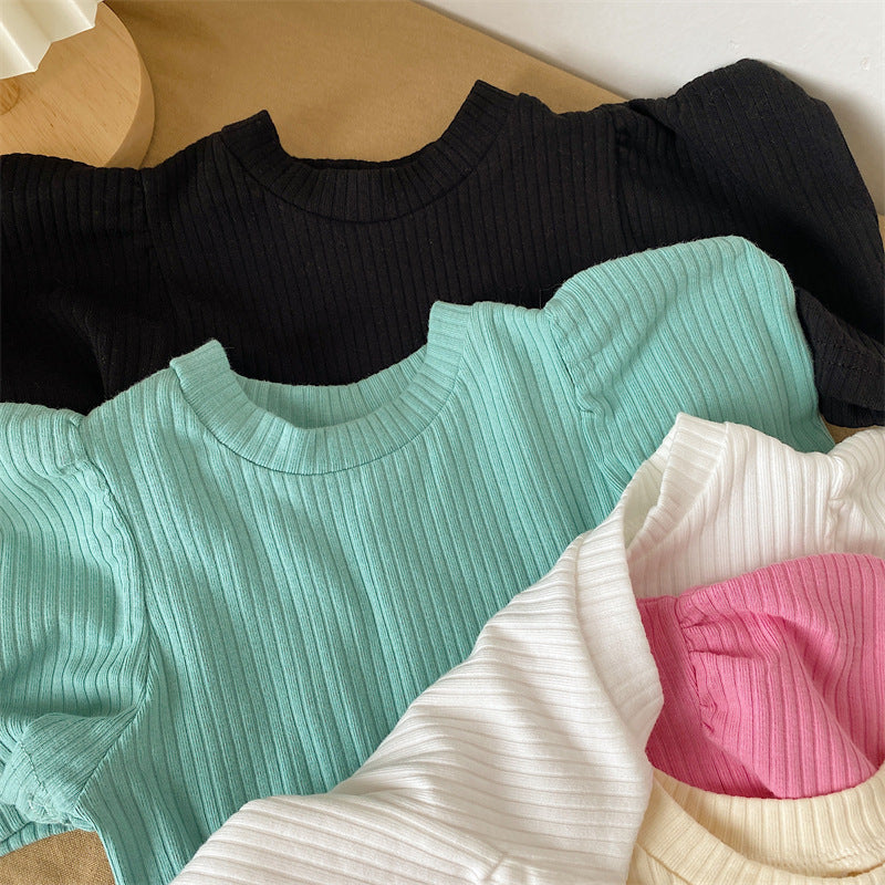 Kids Girls Basic Solid Color Puff Sleeve Round Neck Pit Stripe T-shirt